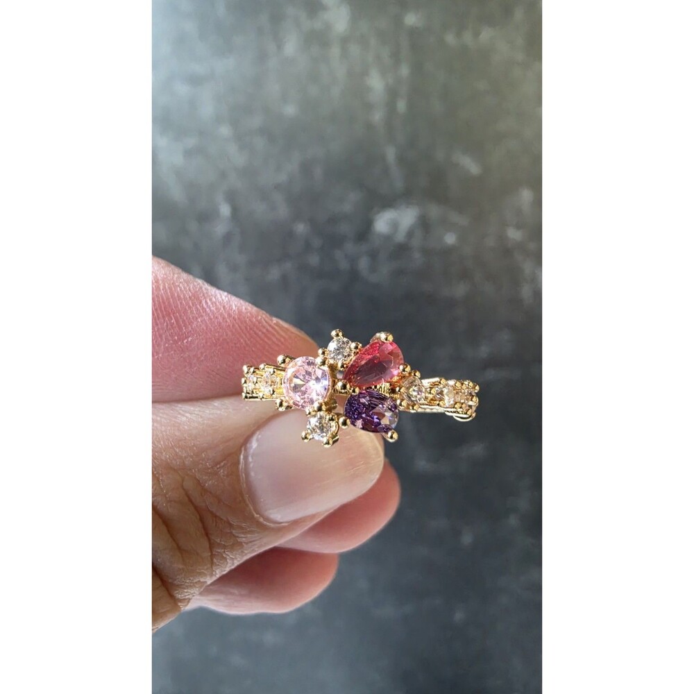 Pink & Purple Rhinestone Gold Tone Metal Ring Size 6.75 Costume Jewelry